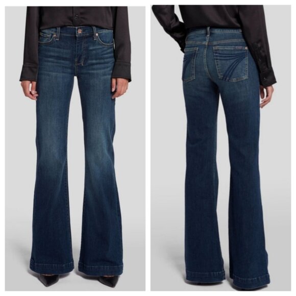 7 FOR ALL MANKIND Dojo Jeans Dark Wash Flare Leg Bell Bottom Vintage Low Rise 31 - Picture 1 of 16